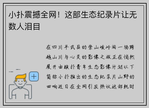 小扑震撼全网！这部生态纪录片让无数人泪目