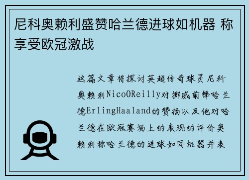 尼科奥赖利盛赞哈兰德进球如机器 称享受欧冠激战 尼科奥赖利盛赞哈兰德进球如机器 称享受欧冠激战