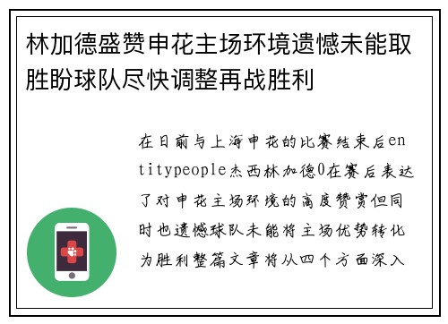 林加德盛赞申花主场环境遗憾未能取胜盼球队尽快调整再战胜利 林加德盛赞申花主场环境遗憾未能取胜盼球队尽快调整再战胜利