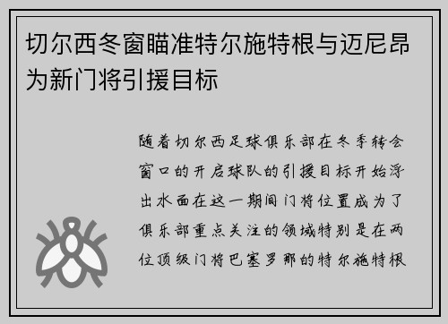 切尔西冬窗瞄准特尔施特根与迈尼昂为新门将引援目标 切尔西冬窗瞄准特尔施特根与迈尼昂为新门将引援目标